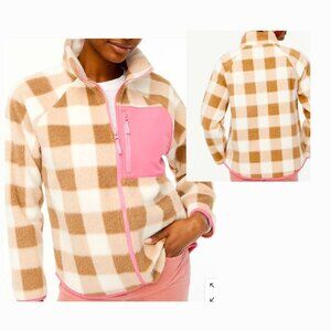 J. Crew  3X Women Plaid Faux Fur Sherpa  Mock Neck Zip-Up Jacket Brown White Pin
